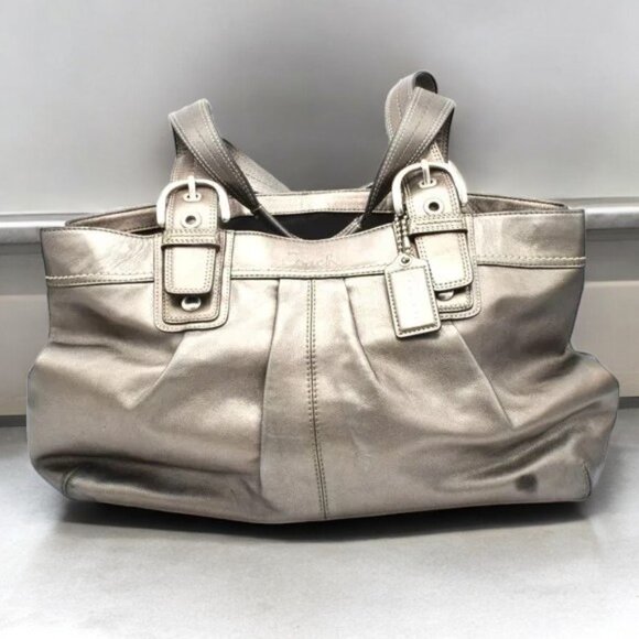 COACH Soho Pleated Shoulder Tote Bag Leather Metallic Gray - Picture 1 of 15